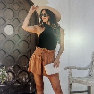 Pink Lily Brown Suede Smocked Waist Shorts-Size Small